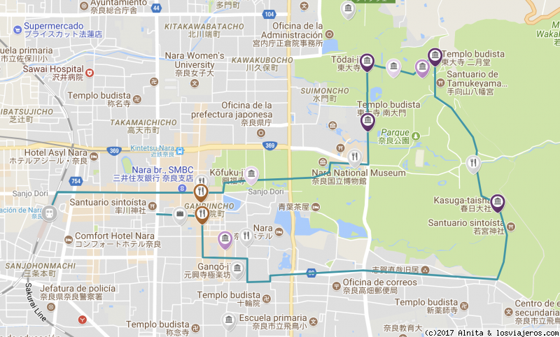 Mapa de los sitios que visitamos en Nara